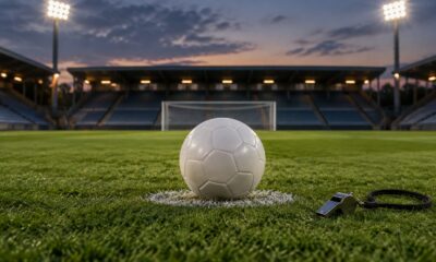 Fotboll på straffpunkten på en upplyst arena, med en domarvissla bredvid
