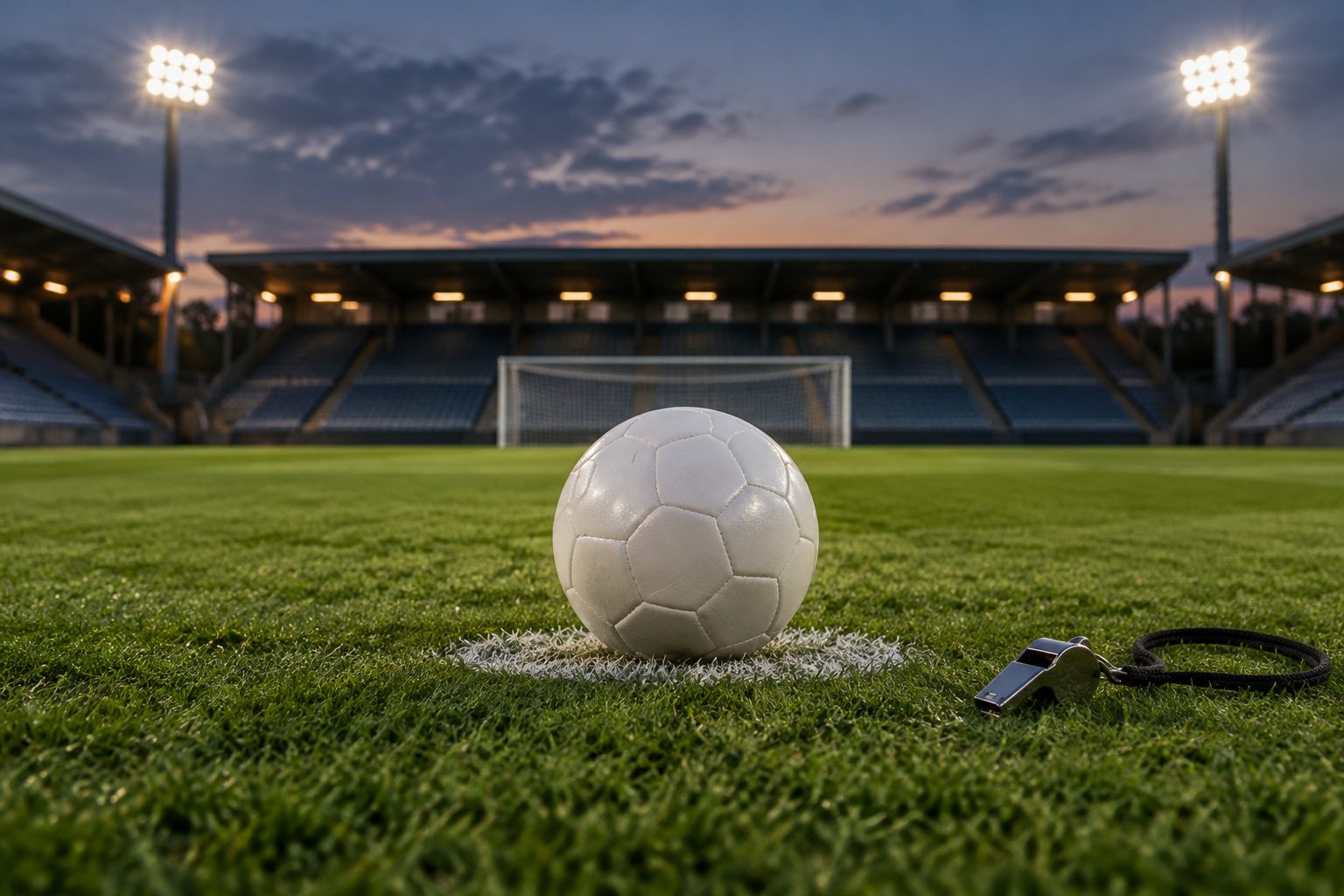 Fotboll på straffpunkten på en upplyst arena, med en domarvissla bredvid